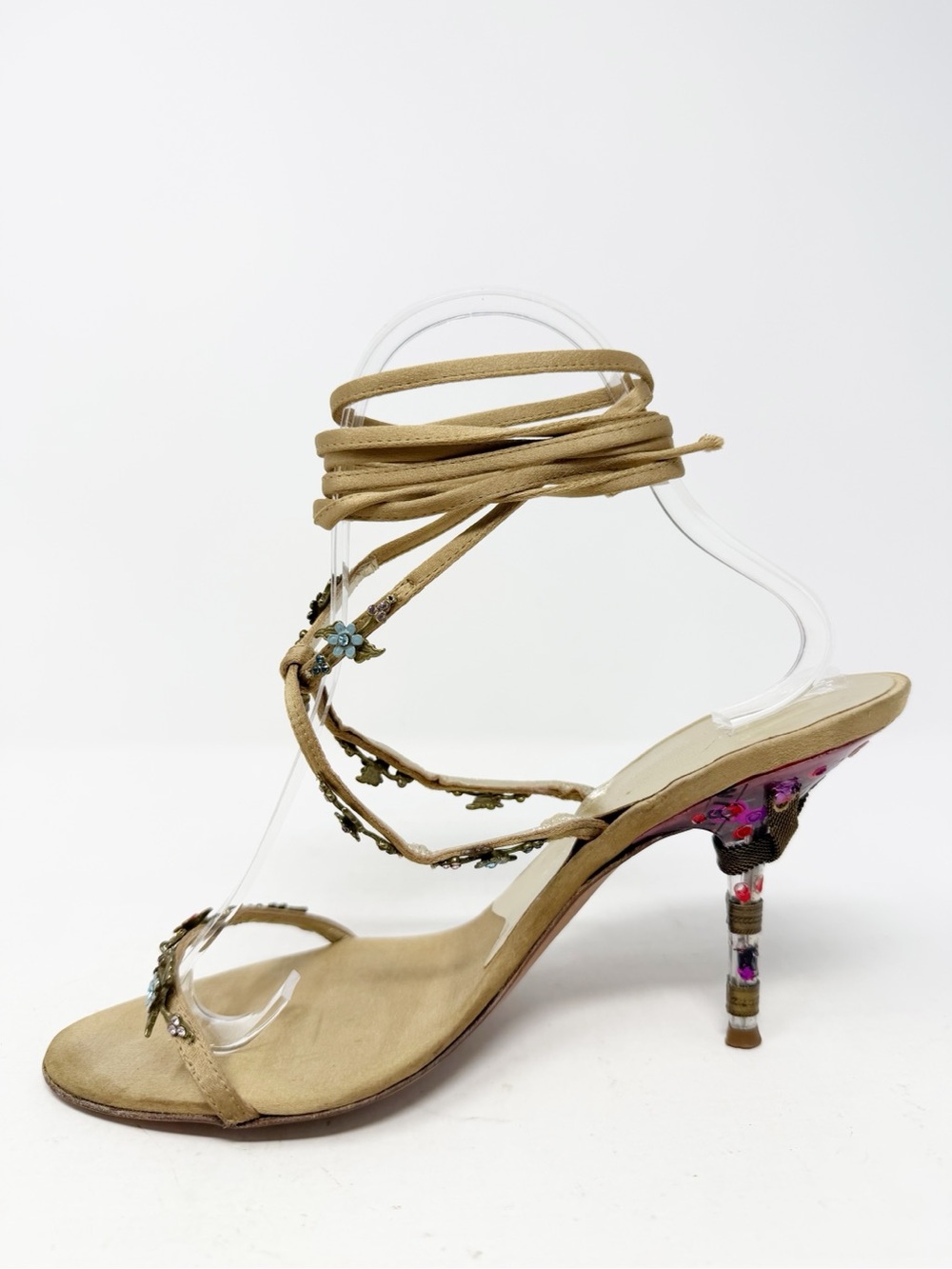 Giuseppe Zanotti Satin Floral Embellished Wrap Sandal Heels Womens Size 7.5 - Picture 7 of 11